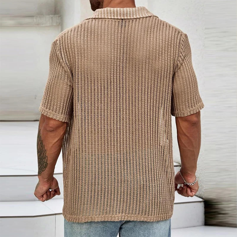 sanyamk Sexy Hollow Out Breathable Knitted Shirt Men Summer Beach See Through Casual Shirts Mens Short Sleeve Button Solid Color Shirts