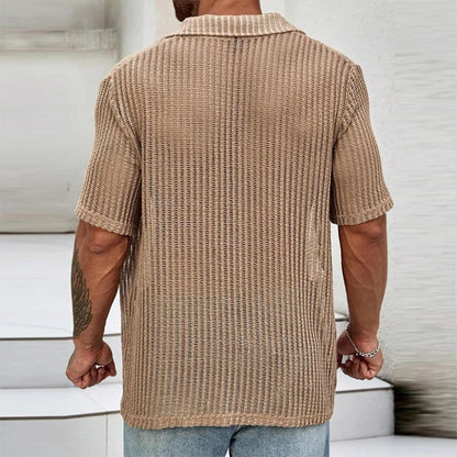 sanyamk Sexy Hollow Out Breathable Knitted Shirt Men Summer Beach See Through Casual Shirts Mens Short Sleeve Button Solid Color Shirts