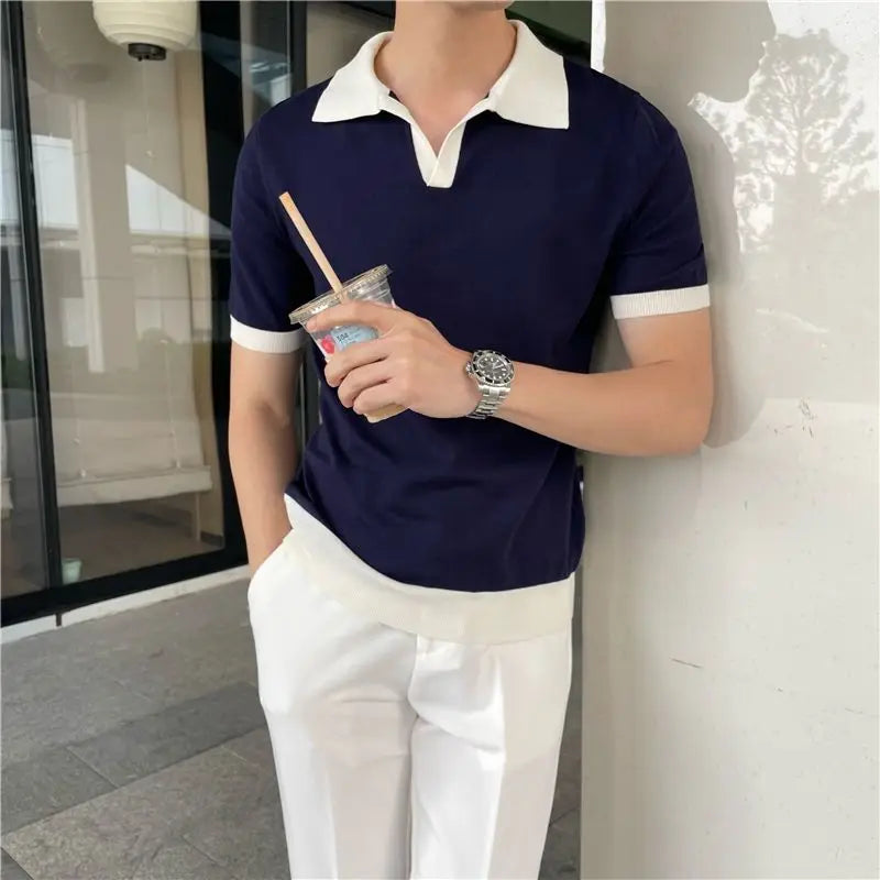 sanyamk Summer Lapel Breathable Short Sleeve Temperament Men's Clothing Slim Korean Version Solid Color Trend Knitted POLO Shirt