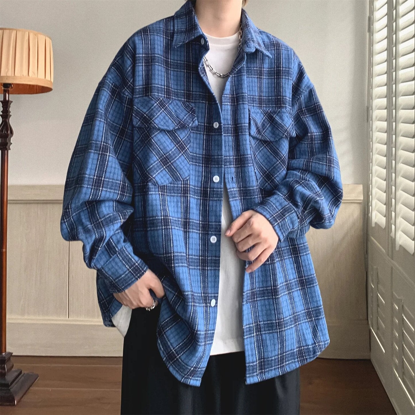 Bonsir Mens Shirt Fashion Harajuku Plaid Long Sleeve Tops Spring Autumn Vintage Jacket Trend Streetwear Oversized Male Clothing B75