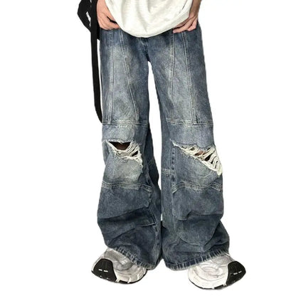 sanyamk Autumn High Street Retro Men and Women Trendy Personalized Straight Tube Washed Jeans Couple Loose Hip Hop Wide Leg Casual Pants