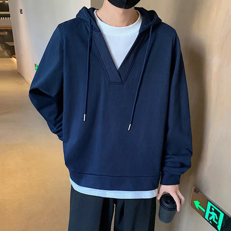 sanyamk  -  American Style Men's Hoodies Fake Two-piece Hooded Drawstring Loose Solid Color Casual Pullover Male Sweatshirts New 9C7274