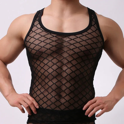 sanyamk Men Summer Sexy Transparent See-through Sexy Vest Sleeveless Shirts Gym Sports Tanks Tops Man Solid Color See Through Undershirt