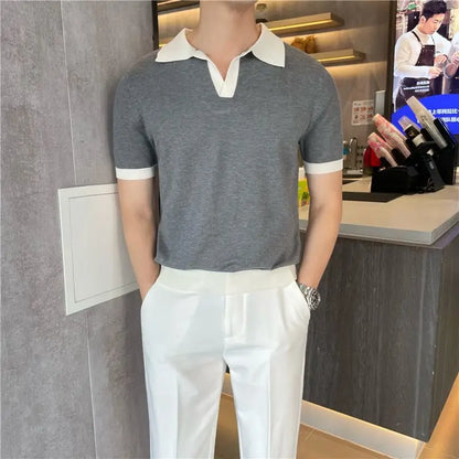 sanyamk Summer Lapel Breathable Short Sleeve Temperament Men's Clothing Slim Korean Version Solid Color Trend Knitted POLO Shirt