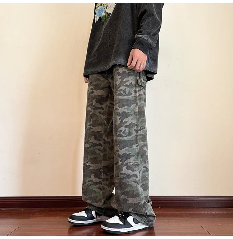 sanyamk Jeans Men Military Fashion High Street Daily Spring Autumn Camouflage Spliced Handsome Loose American Style Teenagers Versatile