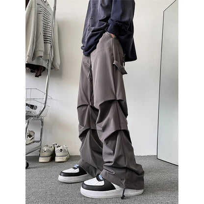 Bonsir Plus Size 5XL-M High Street Pleated Overalls Men's Fashion Loose Straight Casual Pants Male Solid Color Trousers Spring New