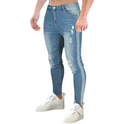 sanyamk Autumn/Winter New Men's Solid Color Distressed Small Foot Tight Denim Pants