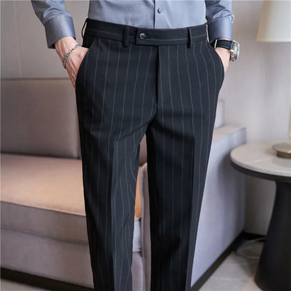 sanyamk England Style Men's Casual Striped Suit Pants Stretch Business Casual Long Slim Fit Trousers Black Blue Pencil Pants for Man