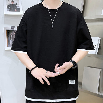 sanyamk Casual Men's Waffle Short-Sleeved T-Shirt Men's 2022 Summer New Simple Loose T-Shirt Fashion Round Neck Quick-Drying Men's Top