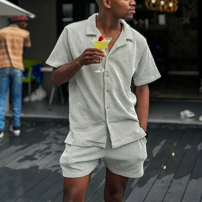 sanyamk  -  Casual Lapel Button Shirts&Shorts Set Men Clothing 2024 Short Sleeve Solid Beach Suits Fashion Striped Jacquard Two Piece Set