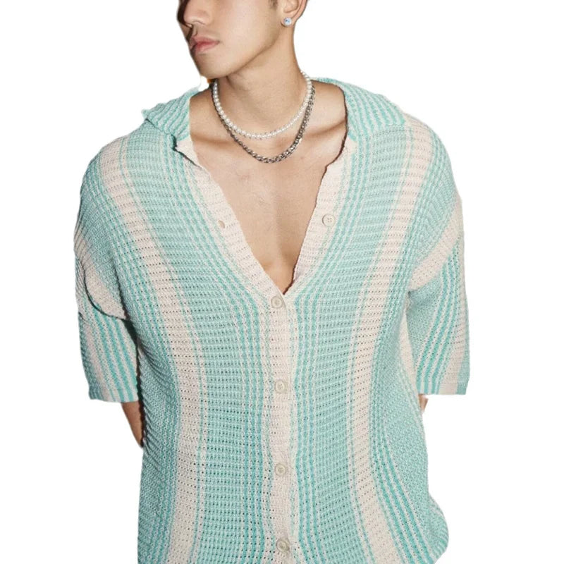 sanyamk Fashion Contract Color Short Sleeve Button Lapel Tops Men Clothing Casual Loose Beach Cardigan 2024 Summer Mens Knitted Shirts