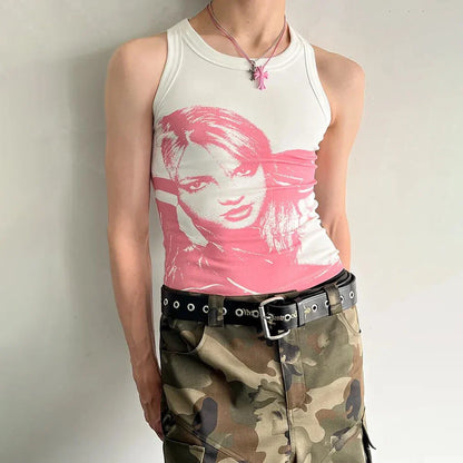 sanyamk Mens Elastic Tight Y2k Graffiti Cotton Blend Vest Pink Genderless Nightclub Sexy Simple Breathable Fashion Couple Vest Unisex