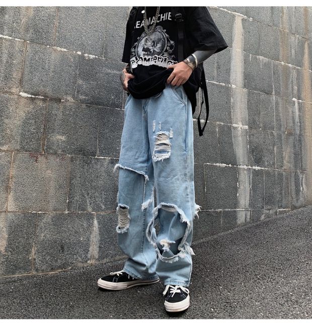 Bonsir High Street Dark Personality Destroys Raw Edge Fake Two Trendy Jeans Ripped Harajuku Punk Wide-leg Straight Denim Pants Black