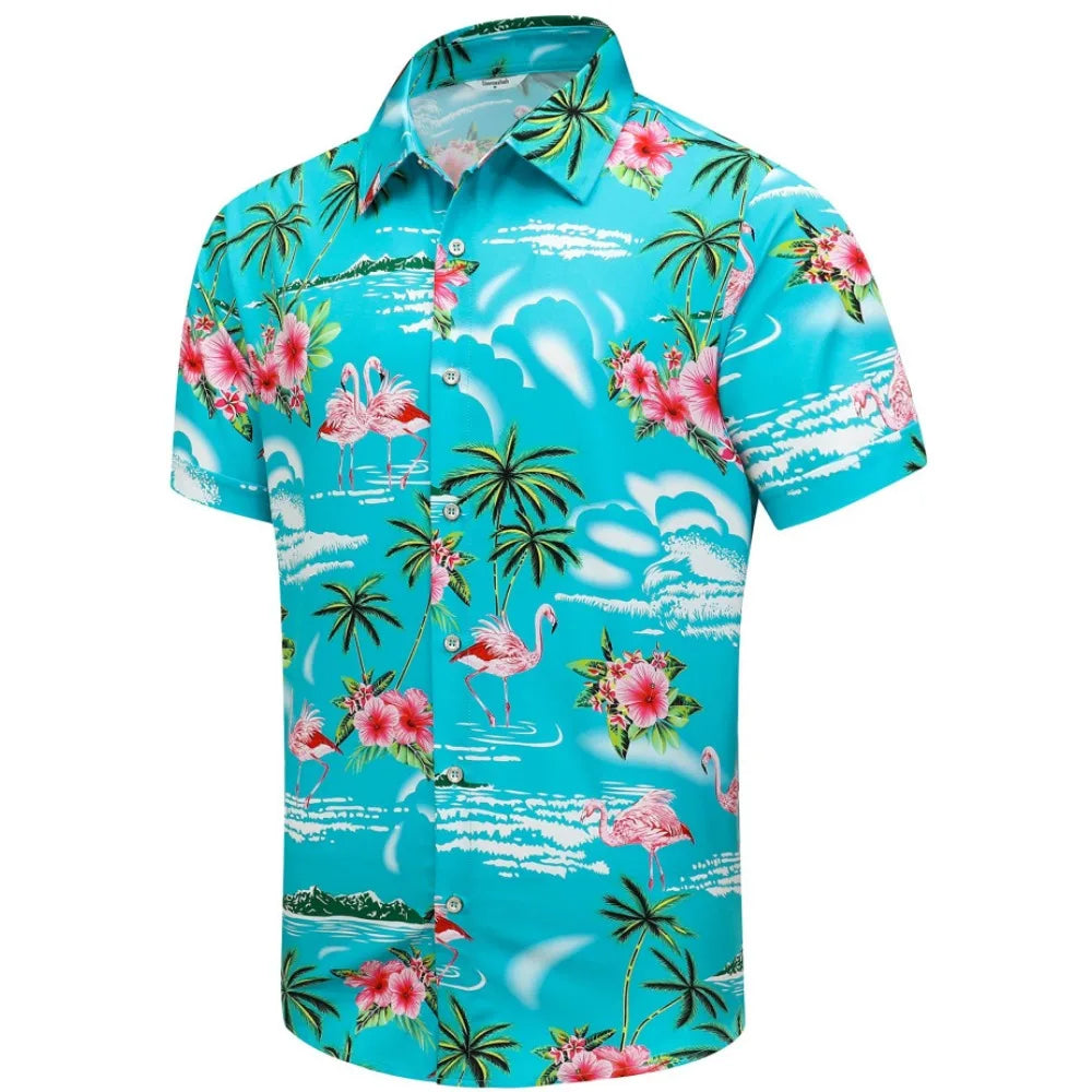 sanyamk Casual Men's Hawaiian Shirt Short-sleeved Lapel T-shirt Printed Large Size Spring and Summer Cool Top for Men