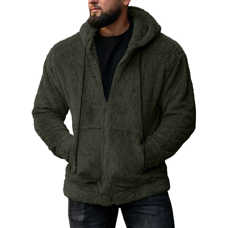 Bonsir Vintage Fleece Sweatshirt Jacket Men Fashion Loose Solid Zipper Hooded Wool Coats Fall Winter Men's Casual Long Sleeve Cardigan