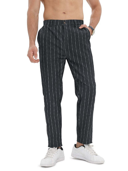 Bonsir Vintage Men Plaid Print Pants Autumn Casual Buttoned Mid Waist Straight Trousers Mens Fashion Striped Long Pant Male Streetwear