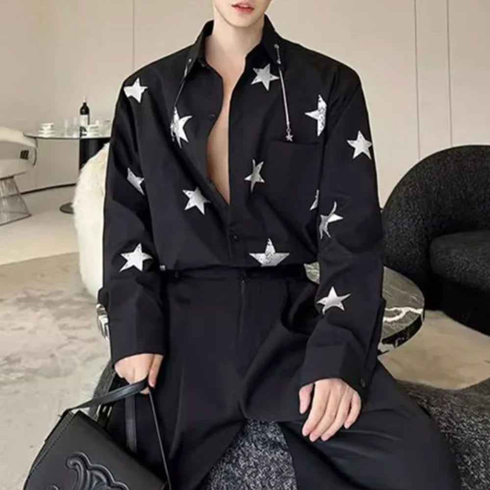 sanyamk Mens Y2k Casual Five-Pointed Star Printed Shirt Autumn Genderless Fashion Trend Personalized Versatile Long-Sleeved Shirt Unisex