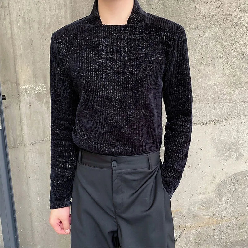 Bonsir Autumn Winter Men's Knitted T-shirts Square Collar Thick Warm Basic Tops Black White Long Sleeve Casual Slim Fit Warm Pullovers