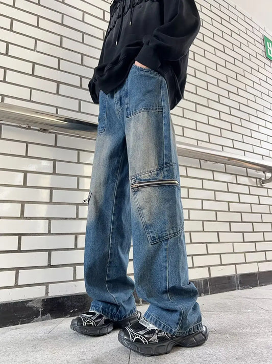 sanyamk Streetwear Pocket Design Men Jeans Cargo Pants Loose Plus Size Neutral Wide Leg Pants Harajuku Casual Denim Pants Gothic Y2K