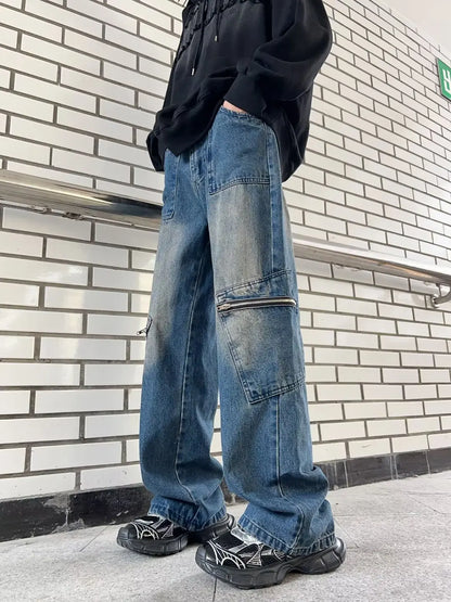 Bonsir Streetwear Pocket Design Men Jeans Cargo Pants Loose Plus Size Neutral Wide Leg Pants Harajuku Casual Denim Pants Gothic Y2K