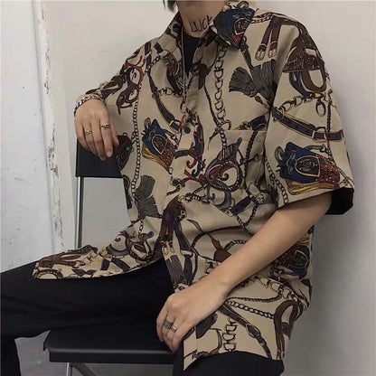 Bonsir Vintage Pattern Print Shirt Men Fashion Short Sleeve Button-down Lapel Shirts Mens Clothing Summer Casual Top For Man Streetwear