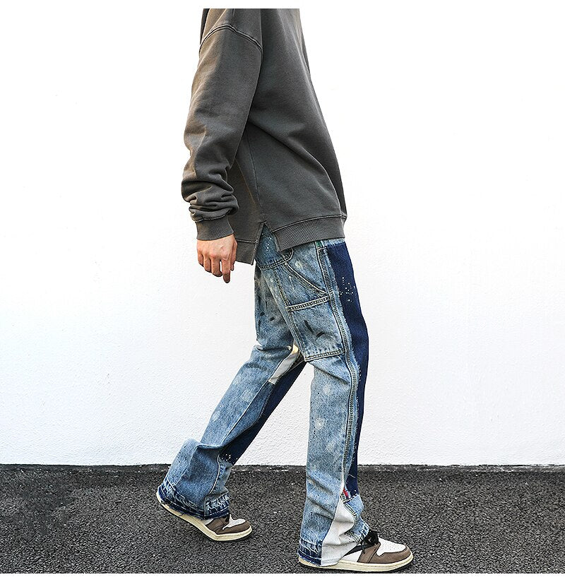 Bonsir High Street Splash Ink Patchwork Stitching Jeans Men Fashion Multiple Pockets Econstructed Flared Denim Pants Male