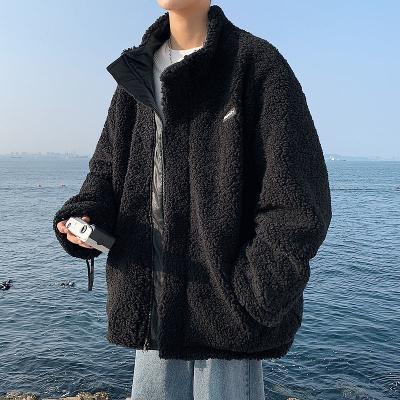 sanyamk Lamb Wool Cotton Men's Coat Reversible Loose Fashion Stand Collar Casual Brand Parkas Fashion Winter Male Jackets