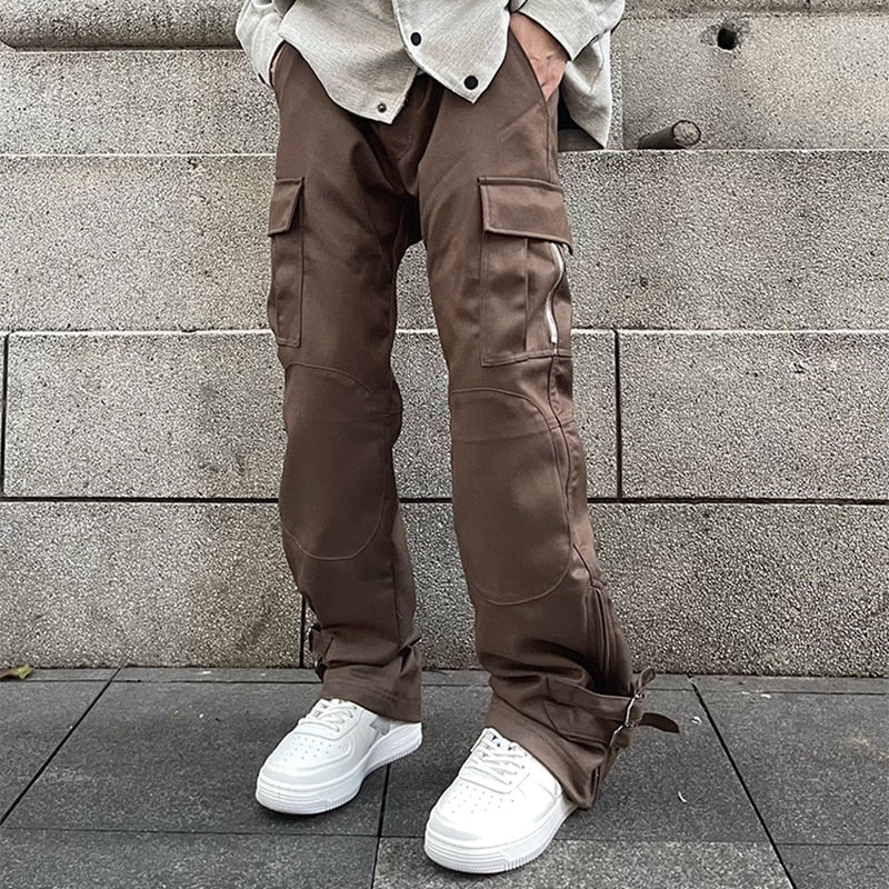 sanyamk High Street Ankle Zipper Multi-pocket Solid Color Cargo Pants Men's Retro Hip Hop Straight Baggy Casual Trousers Oversized