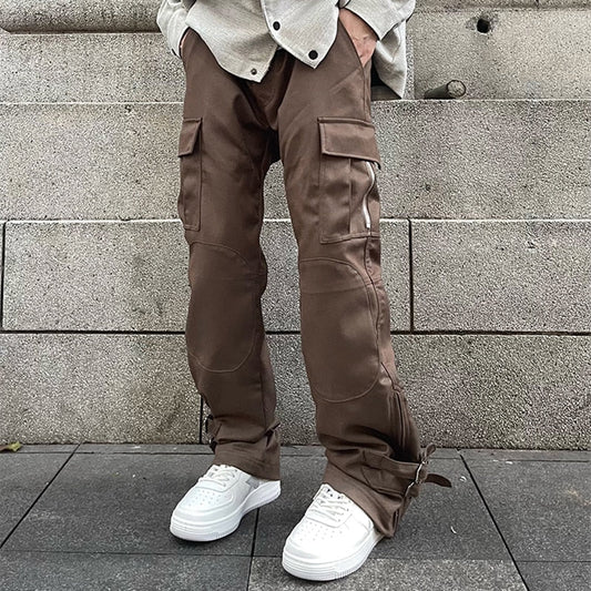 Bonsir High Street Ankle Zipper Multi-pocket Solid Color Cargo Pants Men's Retro Hip Hop Straight Baggy Casual Trousers Oversized