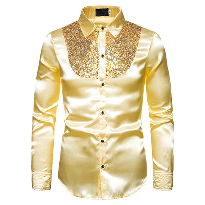 sanyamk Men's Shirt Sequin Lapel Solid Color Slim Fitting Business Casual For Wedding Banquet Performance Men Suit Long Sleeved Shirt