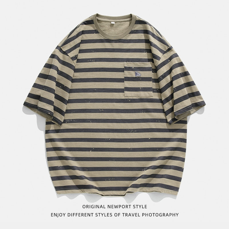 Bonsir Summer New Retro Striped Men's T-shirt Japanese Pocket Round Neck Tops Casual Personalized Tops Men's Loose Comfortable Clothing