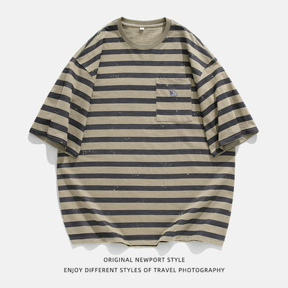 Bonsir Summer New Retro Striped Men's T-shirt Japanese Pocket Round Neck Tops Casual Personalized Tops Men's Loose Comfortable Clothing