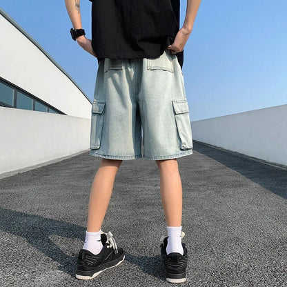 sanyamk Korean Summer Men's Wide Leg Denim Shorts New Fashion Loose Casual Elastic Waist Large Pocket Work Shorts Men's Brand Clothing