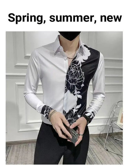 sanyamk Spring Autumn Korean Fashion Contrast Color Loose Casual Shirt Hombre Long Sleeve Printed Patchwork Blouse Male Buttons Tops Men