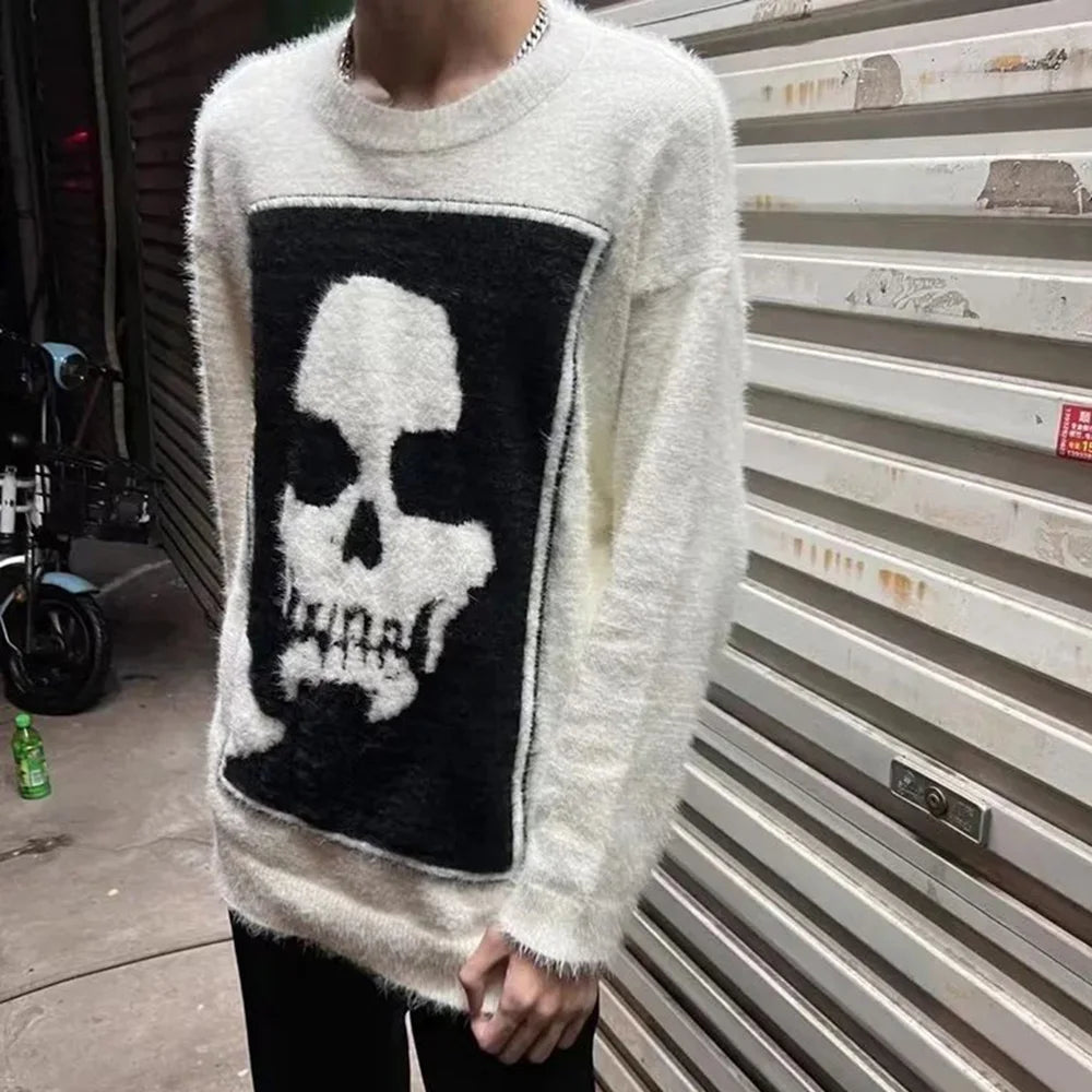 sanyamk Y2k High Street Skull Jacquard Sweater For Men And Women Autumn And Winter New Loose Couple Knitted Sweater Tops