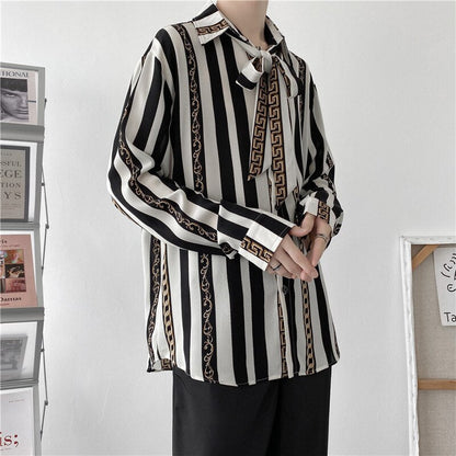 sanyamk sanyamk Autumn High-end Long Sleeve Shirt for Men Chain Printing Loose Casual Trend Retro Ice Silk Drape Design Striped Shirt