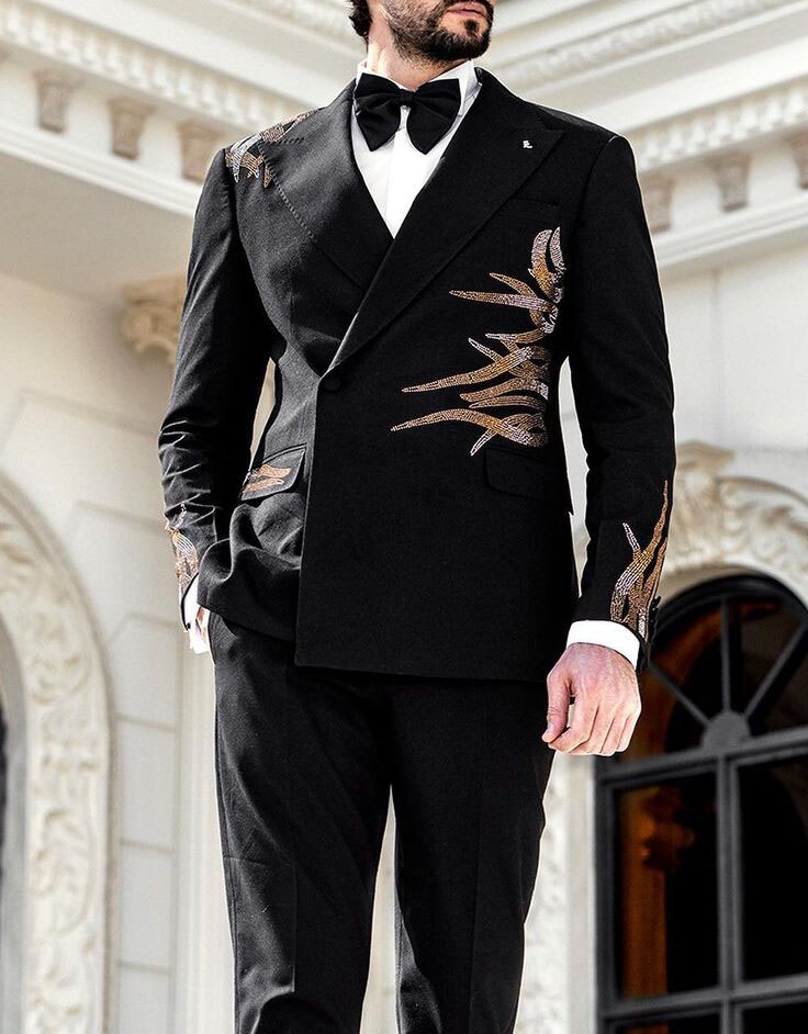 sanyamk Black Handsome Business Men Suits With Beads Handmade Two Pieces Jacket Pants Custom Made Designer Wedding Formal Occasion