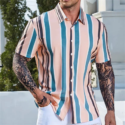 sanyamk Fashion Shirt Striped Print Summer Business Casual Short-Sleeved Tees Tops Mens Blouse Hawaiian Shirts Oversized Men's Clothing