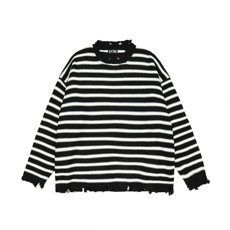 sanyamk Retro Frayed Contrast Color Striped Round Neck Men's Sweaters Ripped Hip Hop Harajuku Oversized Pullover Couple Autumn Clothes