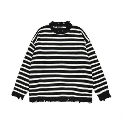 sanyamk Retro Frayed Contrast Color Striped Round Neck Men's Sweaters Ripped Hip Hop Harajuku Oversized Pullover Couple Autumn Clothes