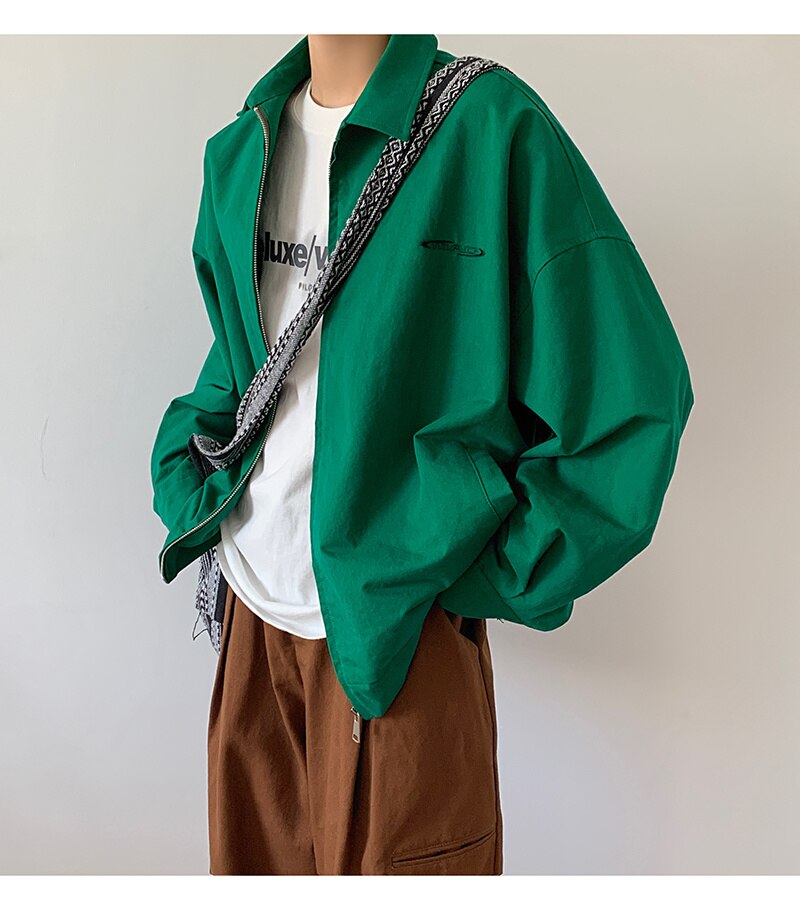 Bonsir Men's Cotton Loose Leisure Coats Solid Color Streetwear Bomber Jackets Zipper Fashion Trend Green Windbreaker Size M-2XL