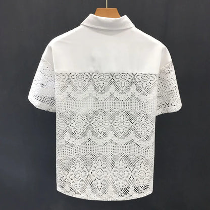 sanyamk Mens Hollow Sexy Lace Short Sleeve Casual Shirt See-Through 2024 New Genderless Fashion Versatile Youth Trend Retro Shirt Unisex