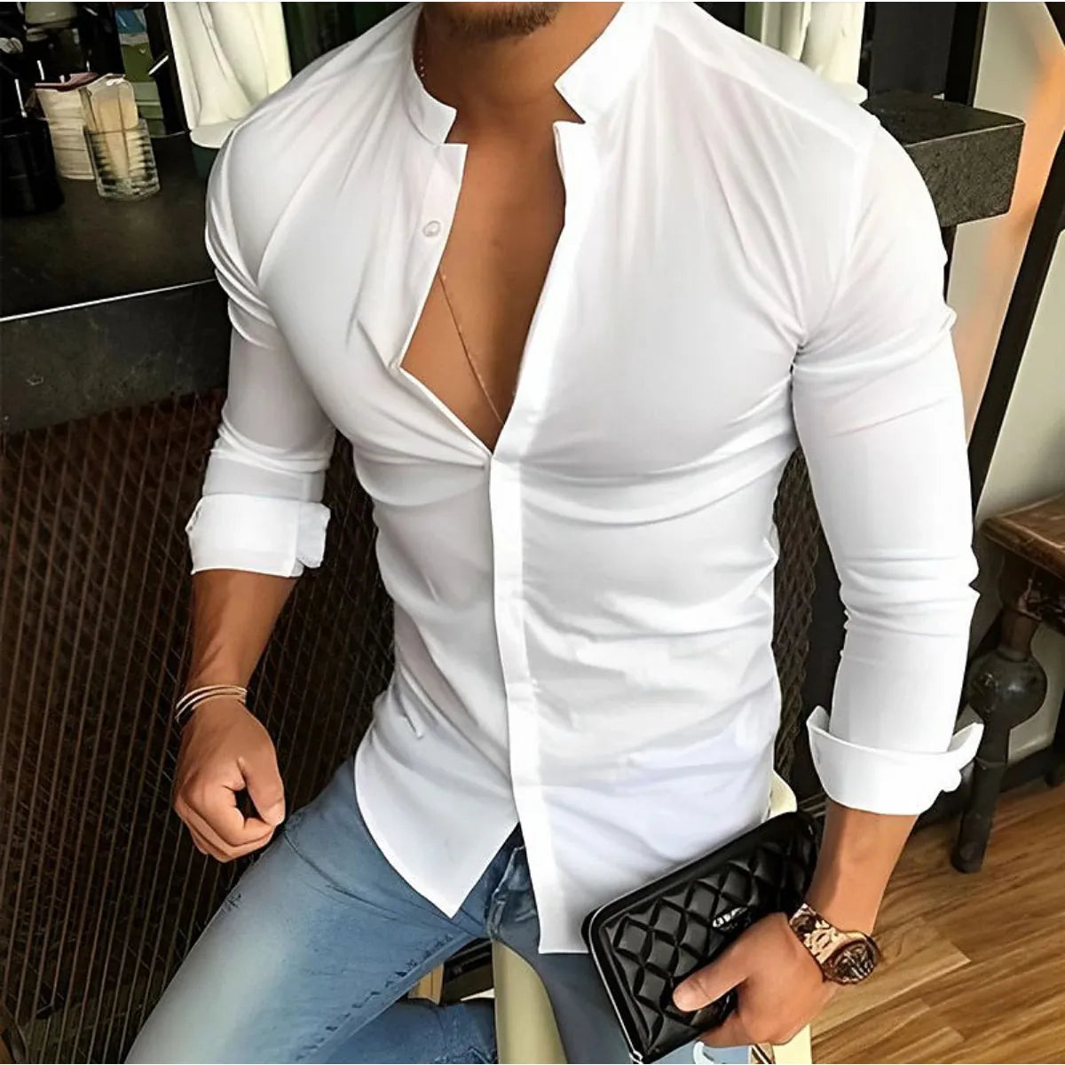 Bonsir Bababuy Men's Long Sleeve Shirts Casual Streetwear Stand Collar Shirts Solid Color Tops