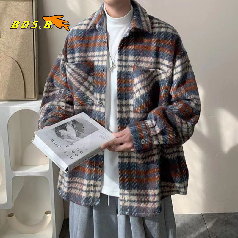 Bonsir New Fashion Men Plaid Shirt Casual Loose Woolen Jacket Coat Long Sleeve Streetwear Hip Hop Trend Handsome Youth Lapel Y06