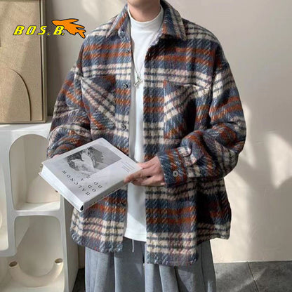 sanyamk New Fashion Men Plaid Shirt Casual Loose Woolen Jacket Coat Long Sleeve Streetwear Hip Hop Trend Handsome Youth Lapel Y06