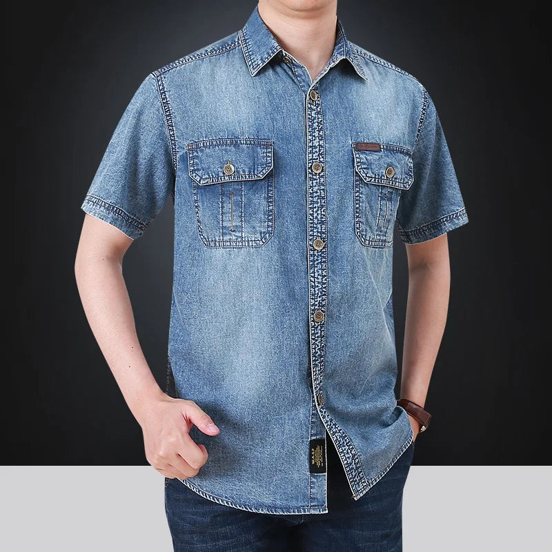 sanyamk Summer New Simple Polo Collar Men Denim Short Sleeve Shirt Comfortable Thin Mens Top Casual Loose Male Shirts