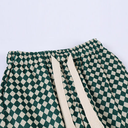 Bonsir Checkerboard Casual Pants Men's Street Tide Brand Elastic Waist Green Plaid Wide Leg Pants Drawstring Drape Sports Trousers