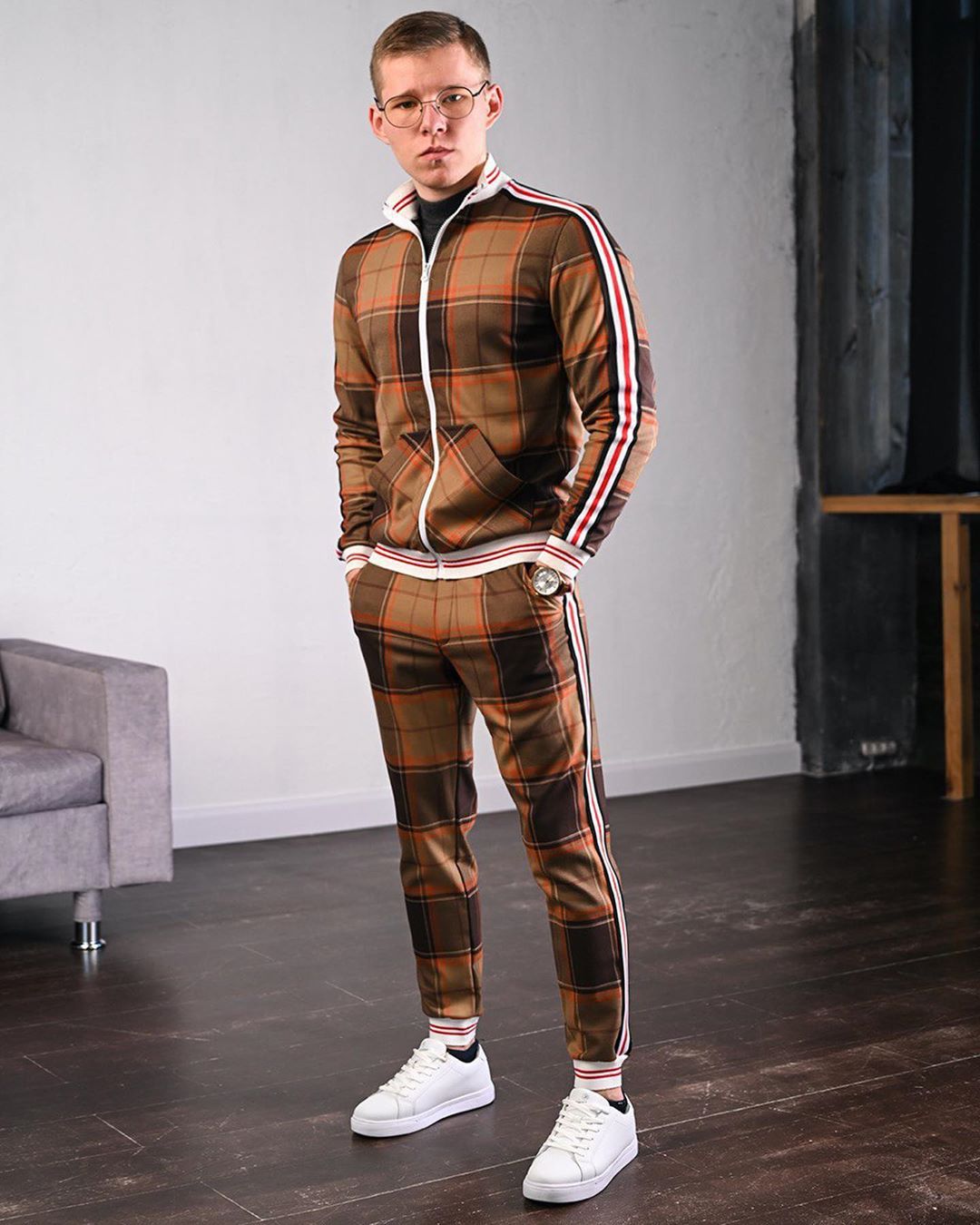 sanyamk New men's tracksuit Fashion Plaid Man Sets Trendy Brand Casual Sportswear Spring Autumn Jacket + Pants 2 Piece Set 3D Print