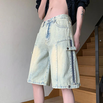 sanyamk Summer High Street Vibe Jeans Fashion Retro Street Stitching Zipper Denim Shorts Street Hip-hop Men Straight Wear White Pants