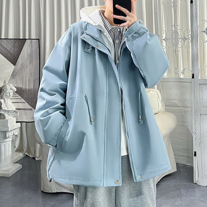 Bonsir New Solid Color Hooded Men Jackets Korean Streetwear Fake Two Piece Casual Man Outerwear Coats Autumn Loose Windbreakers